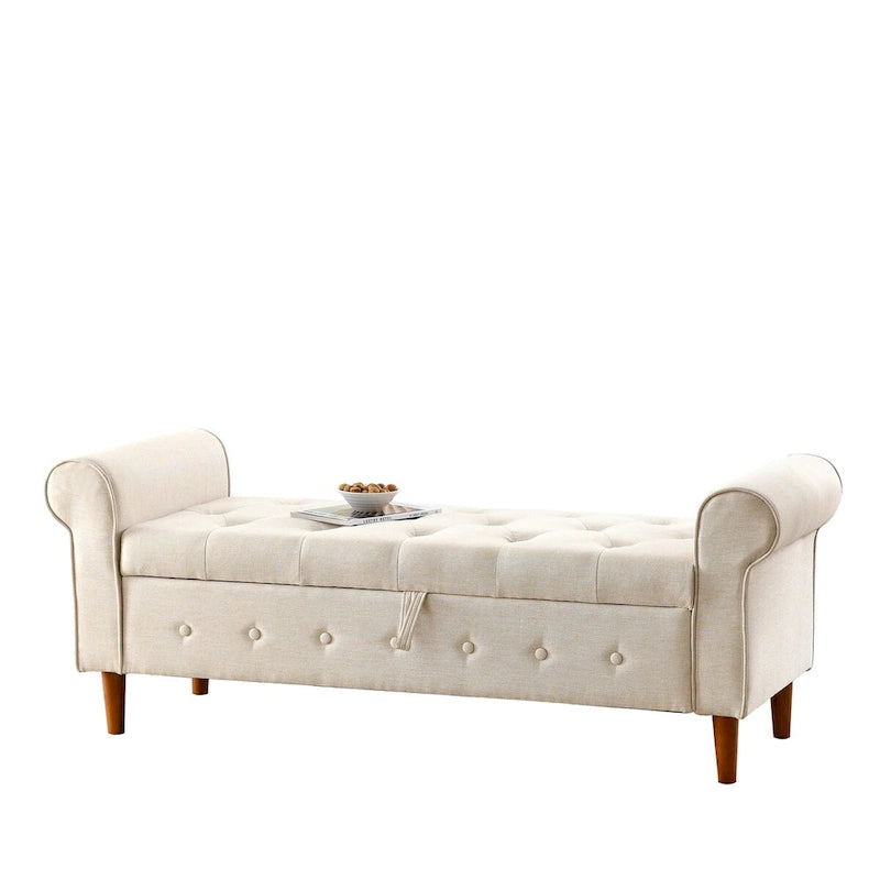 Panca contenitore da camera da letto da 62 con bottoni trapuntati, pouf moderno rivestito in tessuto, panca da finestra, design con braccioli arrotolati per camera da letto