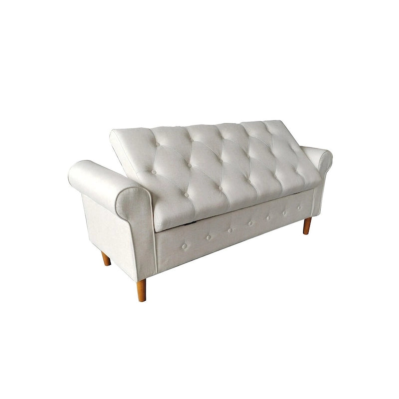 Panca contenitore da camera da letto da 62 con bottoni trapuntati, pouf moderno rivestito in tessuto, panca da finestra, design con braccioli arrotolati per camera da letto