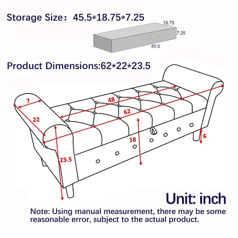 Panca contenitore da camera da letto da 62 con bottoni trapuntati, pouf moderno rivestito in tessuto, panca da finestra, design con braccioli arrotolati per camera da letto