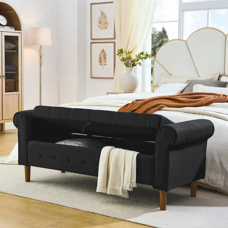Panca contenitore da camera da letto da 62 con bottoni trapuntati, pouf moderno rivestito in tessuto, panca da finestra, design con braccioli arrotolati per camera da letto
