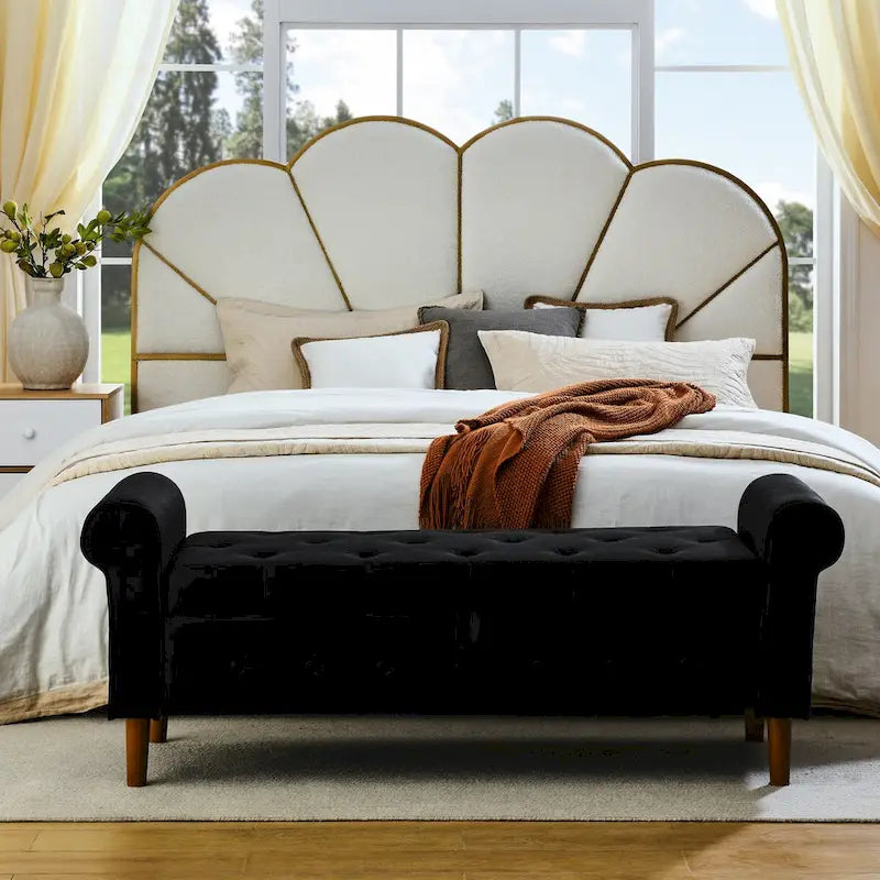 Panca contenitore da camera da letto da 62 con bottoni trapuntati, pouf moderno rivestito in tessuto, panca da finestra, design con braccioli arrotolati per camera da letto