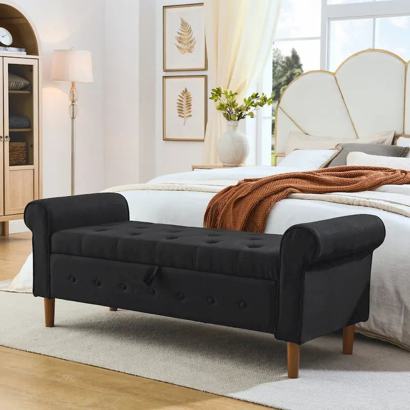 Panca contenitore da camera da letto da 62 con bottoni trapuntati, pouf moderno rivestito in tessuto, panca da finestra, design con braccioli arrotolati per camera da letto