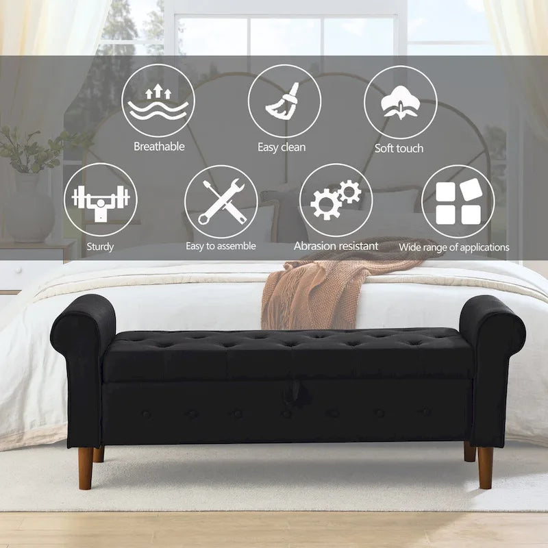 Panca contenitore da camera da letto da 62 con bottoni trapuntati, pouf moderno rivestito in tessuto, panca da finestra, design con braccioli arrotolati per camera da letto