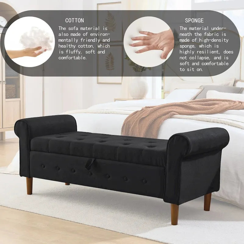 Panca contenitore da camera da letto da 62 con bottoni trapuntati, pouf moderno rivestito in tessuto, panca da finestra, design con braccioli arrotolati per camera da letto