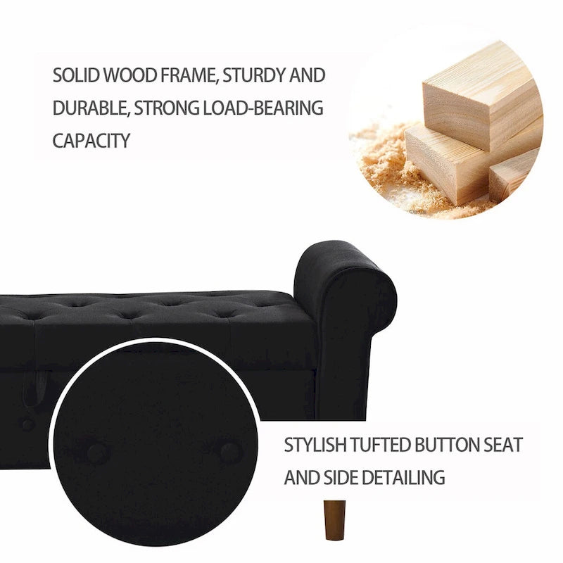 Panca contenitore da camera da letto da 62 con bottoni trapuntati, pouf moderno rivestito in tessuto, panca da finestra, design con braccioli arrotolati per camera da letto