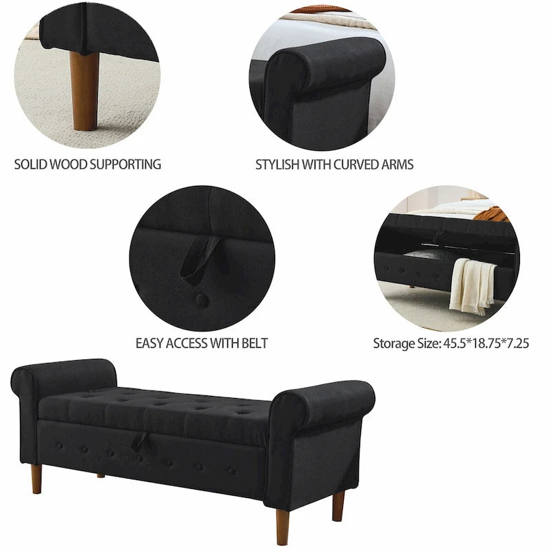 Panca contenitore da camera da letto da 62 con bottoni trapuntati, pouf moderno rivestito in tessuto, panca da finestra, design con braccioli arrotolati per camera da letto