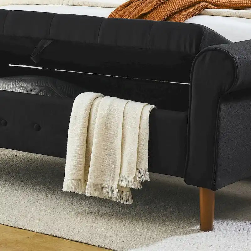Panca contenitore da camera da letto da 62 con bottoni trapuntati, pouf moderno rivestito in tessuto, panca da finestra, design con braccioli arrotolati per camera da letto