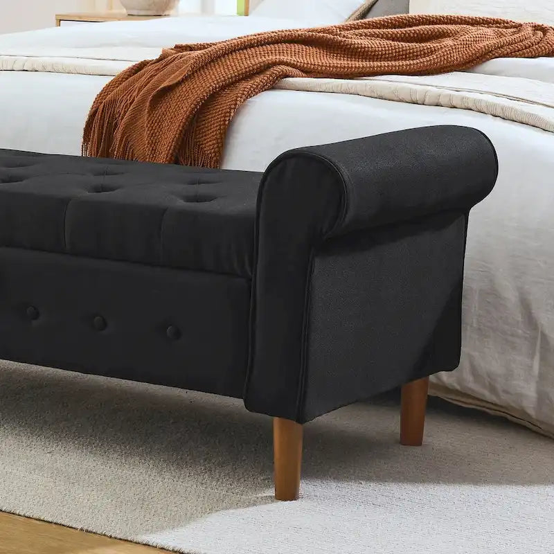 Panca contenitore da camera da letto da 62 con bottoni trapuntati, pouf moderno rivestito in tessuto, panca da finestra, design con braccioli arrotolati per camera da letto