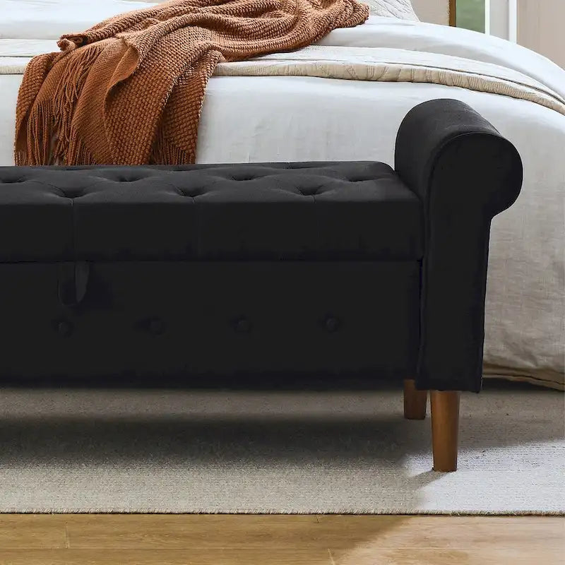 Panca contenitore da camera da letto da 62 con bottoni trapuntati, pouf moderno rivestito in tessuto, panca da finestra, design con braccioli arrotolati per camera da letto