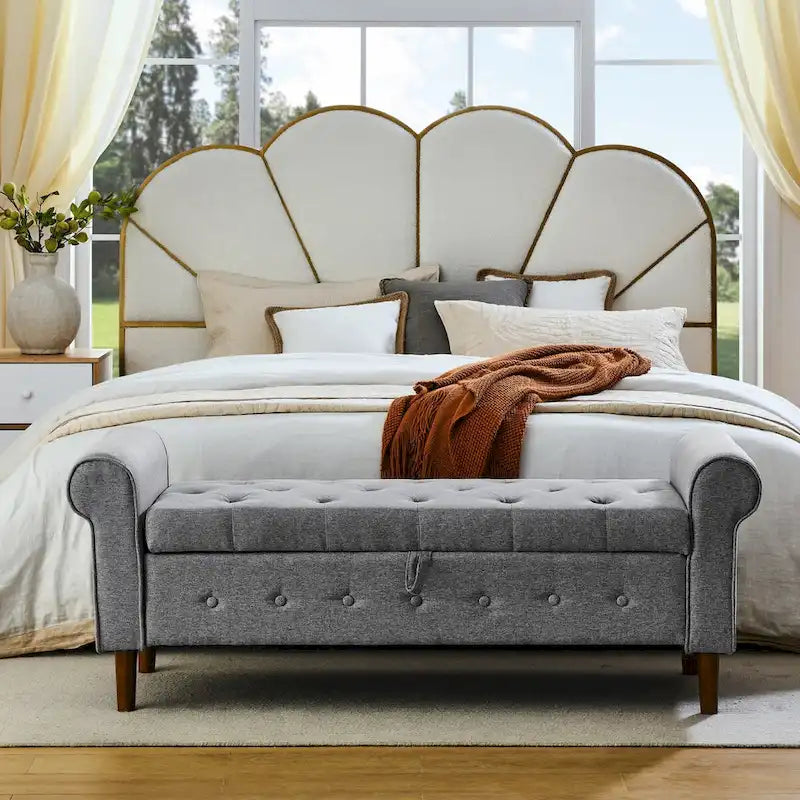 Panca contenitore da camera da letto da 62 con bottoni trapuntati, pouf moderno rivestito in tessuto, panca da finestra, design con braccioli arrotolati per camera da letto