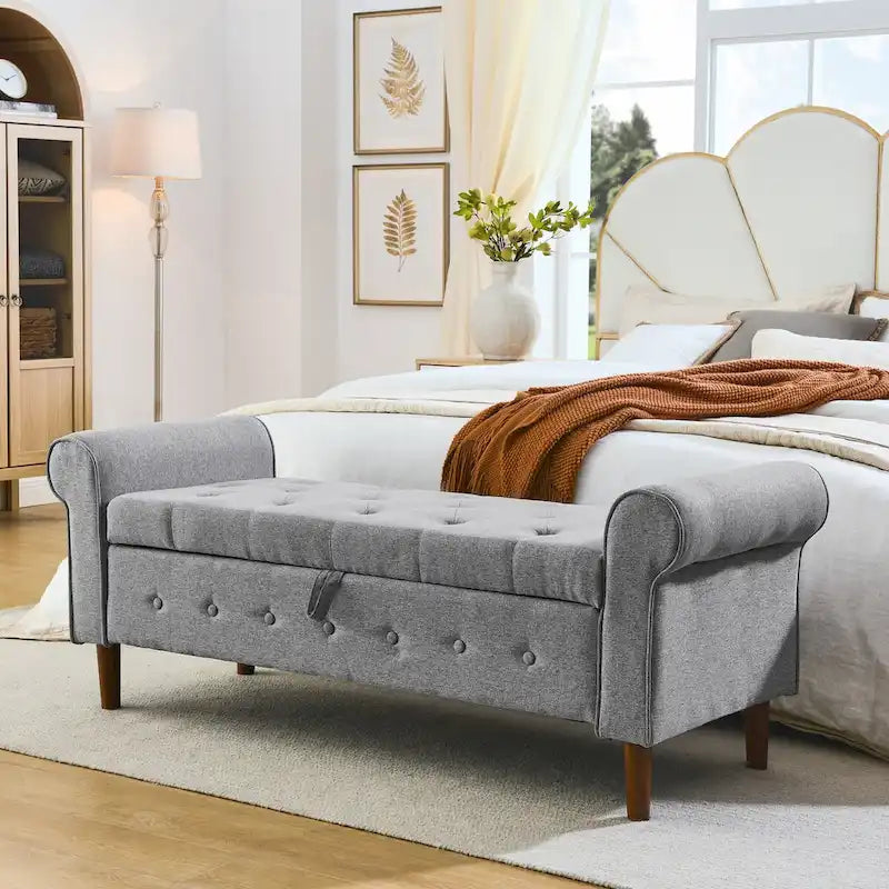 Panca contenitore da camera da letto da 62 con bottoni trapuntati, pouf moderno rivestito in tessuto, panca da finestra, design con braccioli arrotolati per camera da letto