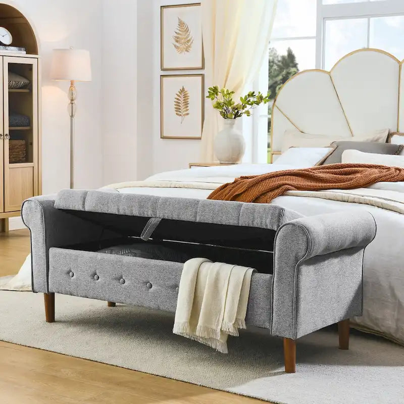 Panca contenitore da camera da letto da 62 con bottoni trapuntati, pouf moderno rivestito in tessuto, panca da finestra, design con braccioli arrotolati per camera da letto